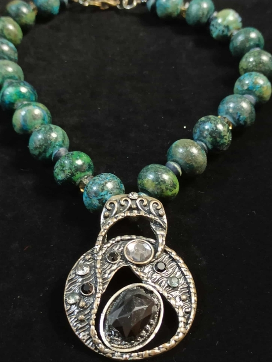Vintage Jewelry - Vintage Style Israeli Eilat Stone Beaded Necklace Artisan Pendant Statement